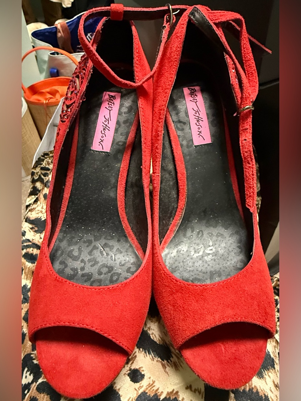 Betsy Johnson Women’s Red Suede Peep-Toe Platform Heels with Ankle Strap - Picture 2 of 11
